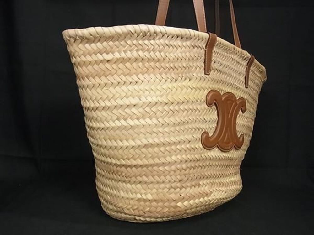 Celine Basket Triomphe Shoulder Bag Tote Raffia Beige Tan